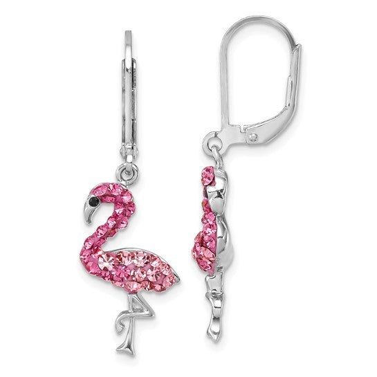 Sterling Silver Rhodium-plated Polished Pink Crystal Flamingo Leverback Earrings