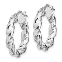 Sterling Silver Rhodium-plated 4x14mmTwisted Hoop Earrings  Hoop Earrings Sterling Silver/925 Weight 3.27 GM Rhodium Plated Made in ITALY Wire & Clutch Closure Length 23.6 mm Width 21.1 mm Thickness 3.9 mm