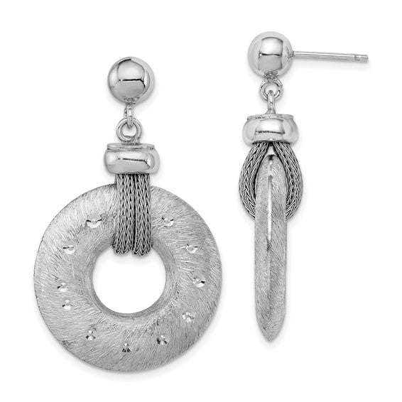 Sterling Silver Rhodium Plated Polished Brushed and Diamond Cut Circle Post Dangle Earring