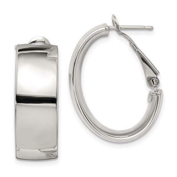 Sterling Silver Rhodium Plated Polish 10mm Omega Back Oval Hoop Earrings