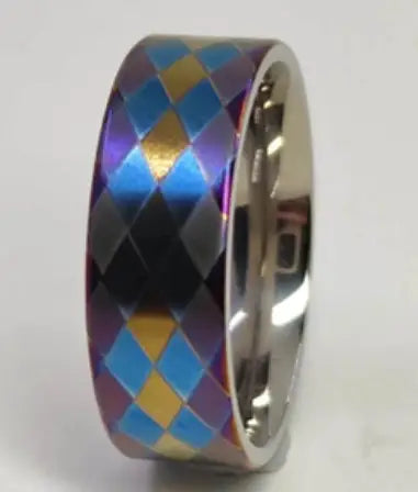 Thorsten MAJESTIC Flat Titanium Ring with Purple, Blue, and Gold Diamond Pattern - 8mm